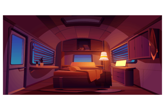 Download Camping Trailer Car Interior with Bed and Glowing Floor Lamp at Night Time - Night Collection