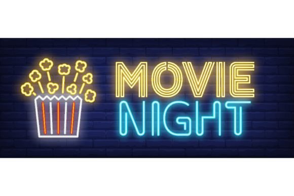 Download Movie Night Neon Text with Popcorn Paper - Night Collection